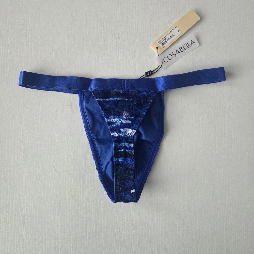 Cosabella Never Say Never Mens Italian Thong‎ Blue Abstract Lace Size M